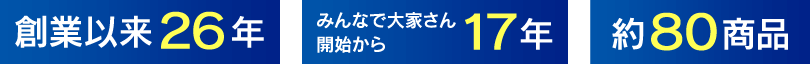 「創業以来26年」「みんなで大家さん開始から17年」「約80商品」